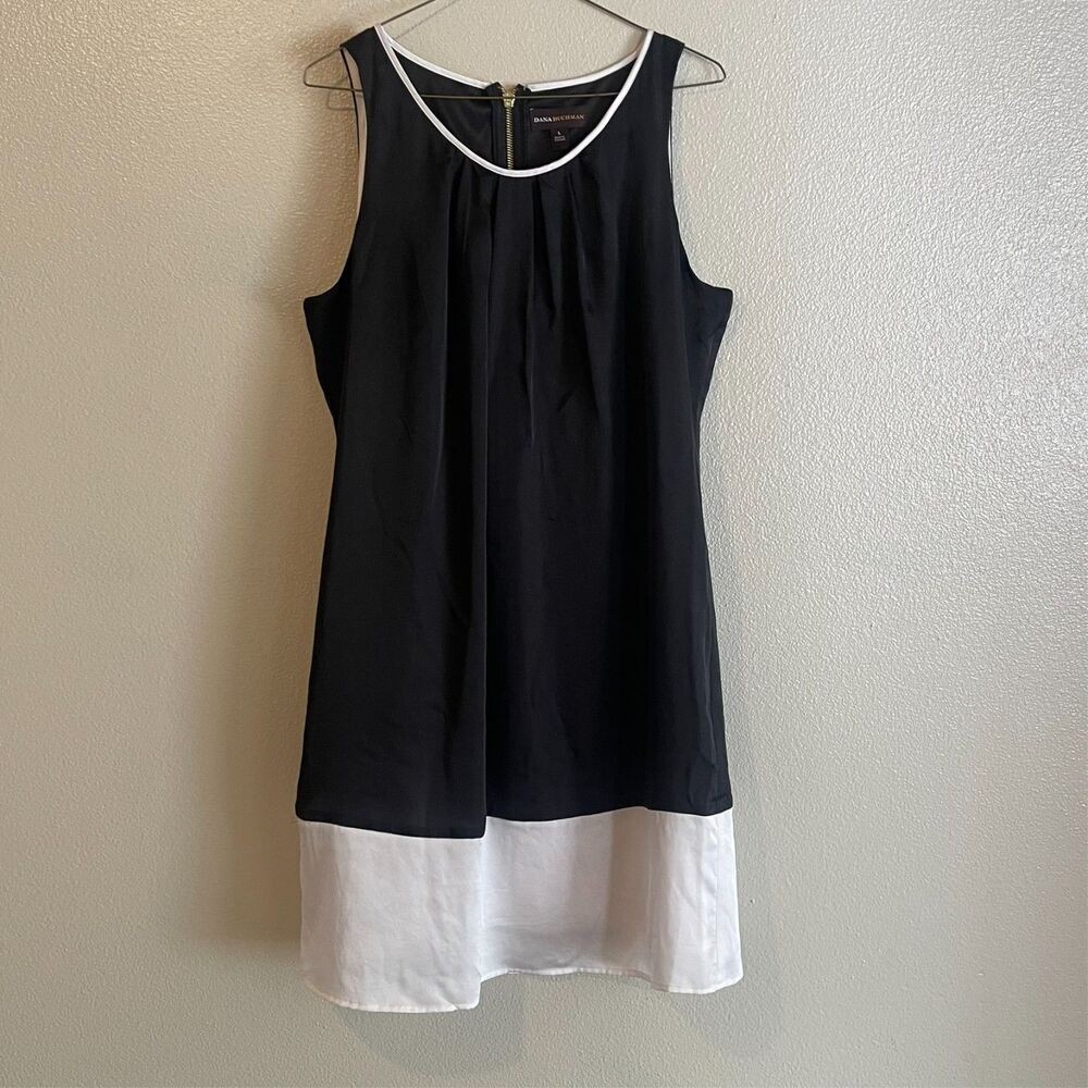 Dana Buchman Black White Colorblock Satin Shift Dress Size L Gold Zip LBD